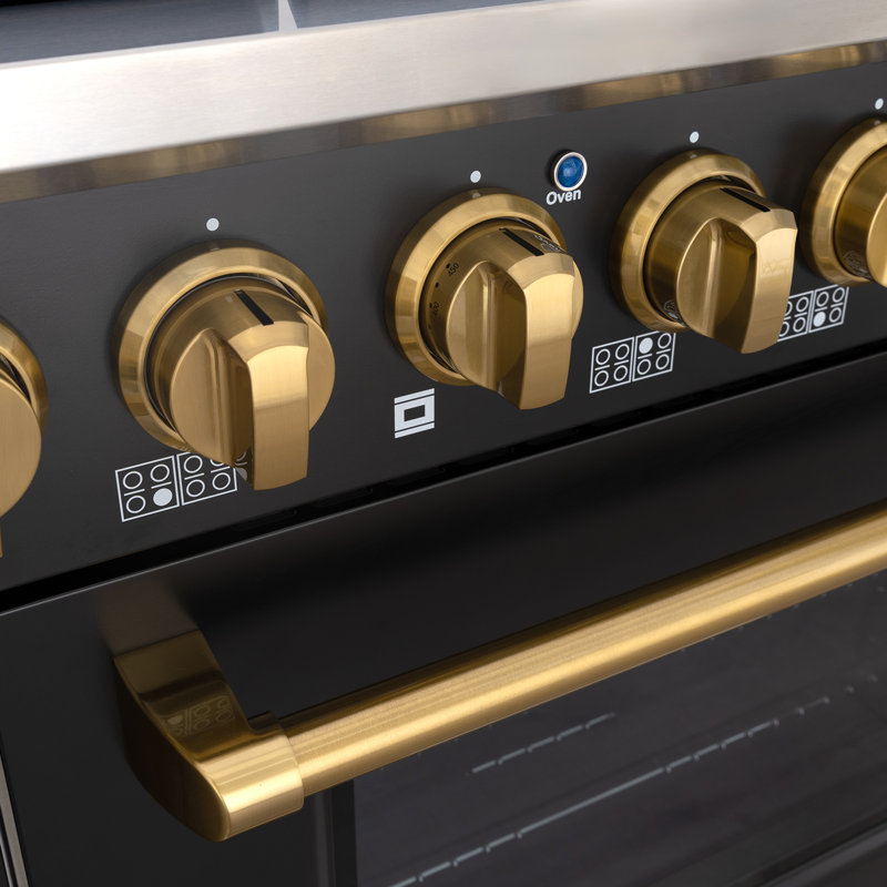 Akicon 48 Inch Freestanding Gas Range - 6.7 Cu. Ft. Double Rapid Convection Gas Oven - Gas Stove With 8 Sealed Burners & A Griddle, Heavy Duty Cast Iron Grates (black & Gold)