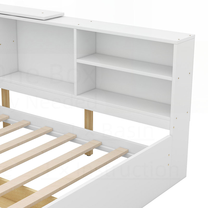 Lit plateforme en bois de pin robuste avec rangement intégré, tête de lit tapissier et tablette rotative pour les chambres à coucher modernes