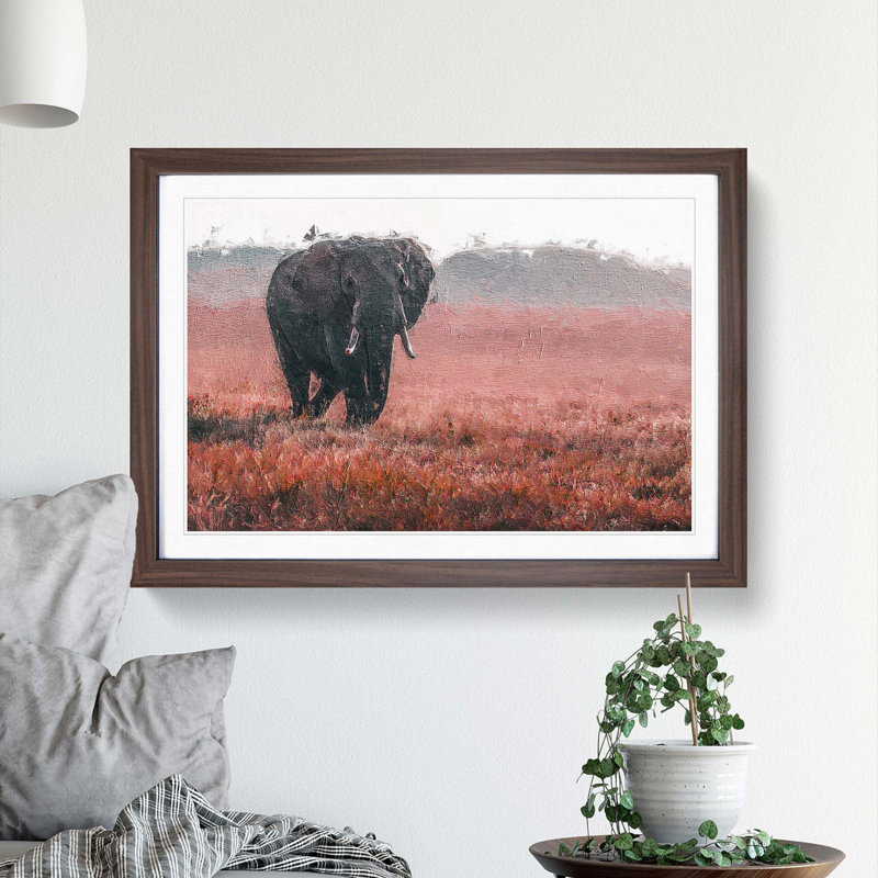 Marching Elephant in Abstract - Framed Print, 27cm H x 36cm W x 2cm D, Walnut Framed