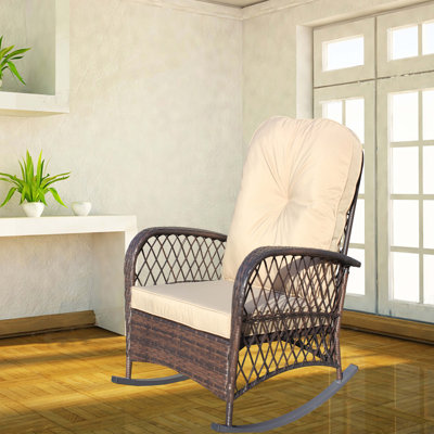 Outdoor Wicker Rocking Chair With Wide Seat, Thick, Soft Cushion, Rattan Rocker W/Steel Frame, High Weight Capacity For Patio, Garden, Backyard, Cushion