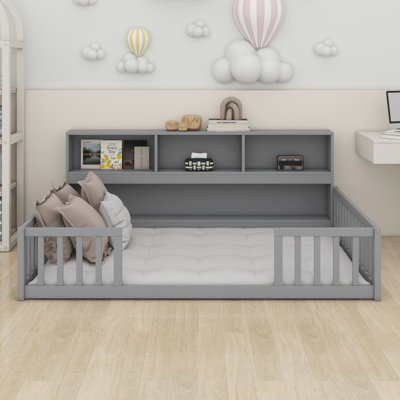 Floor Bed With Side Bookcase,Shelves,Guardrails