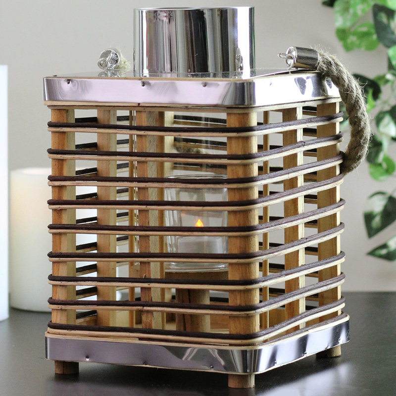 Rustic Chic Rectangular Rattan Candle Holder Lantern with Jute Handle, 11.25" H x 7.25" W x 7.25" D