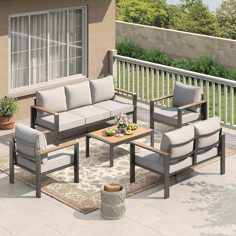 5-Piece Aluminum Outdoor Patio Sectional Set with 6" Thick Cushions, 30.8" High Back, Coffee Table for Porch, Balcony, Deck, Yard