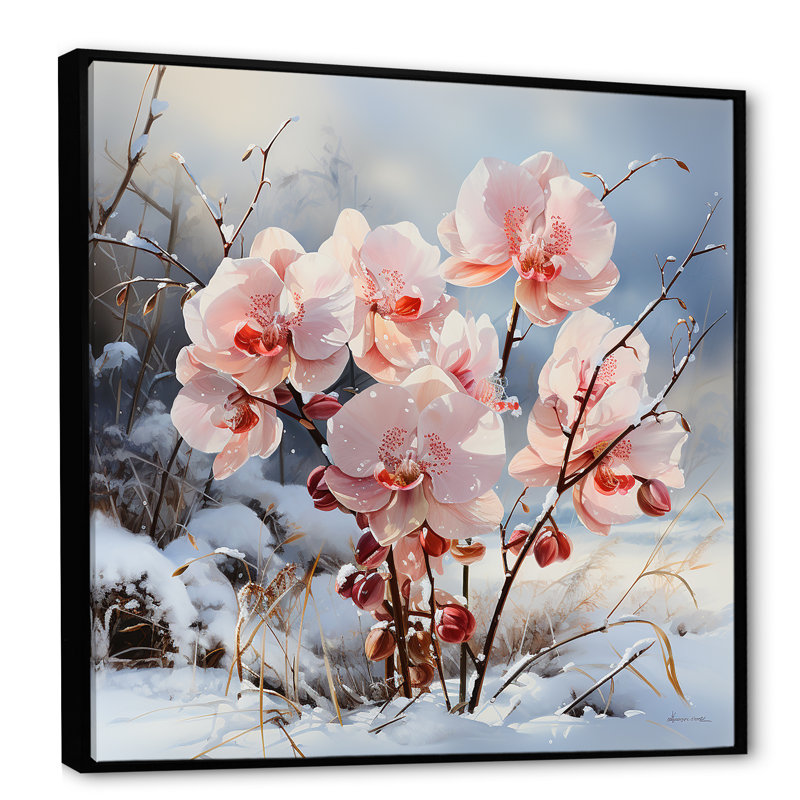 Charme d'orchidées roses en hiver, H 30 po x l 30 po x P 1 po, Cadre flottant noir