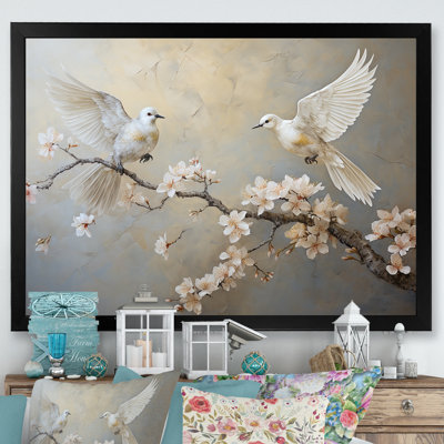 White And Grey Birds Floral Serenity I - Bird Wall Art