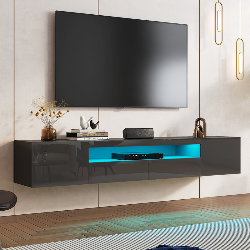 High Gloss TV Stand with Led Lights, Wall-mounted TV Cabinet up to 75", Black