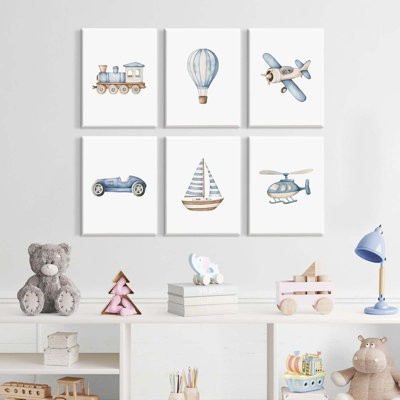 Bébé garçon chambre d'enfant art mural transport voiture bleue impressions sur toile rétro véhicule véhicule photos décor montgolfière avion chambre d'enfant affiche pour chambre de garçons chambre à coucher 8 x 10 x 6 pouces toile tendue