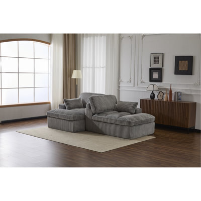 Double méridienne intérieure, canapé-lit rembourré surdimensionné pour l'intérieur, canapé-lit luxueux à assise profonde, causeuse modulaire, causeuse en velours côtelé pour salon, aucun assemblage requis, gris