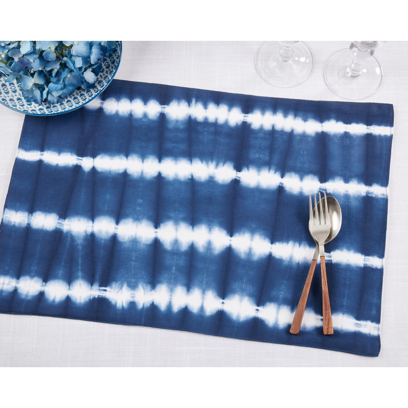 Navy and White Tie Dye Stripe Fabric Placemats Set of 4