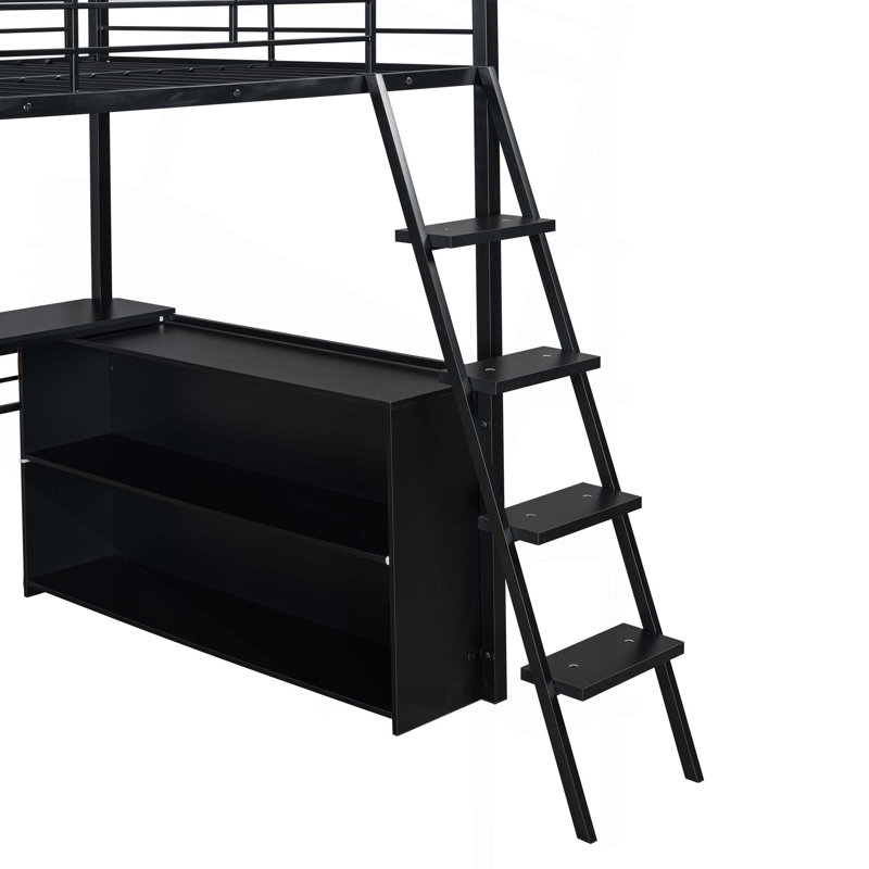 Lit mezzanine en métal avec DEL, bureau et 4 tablettes de rangement, Lit double