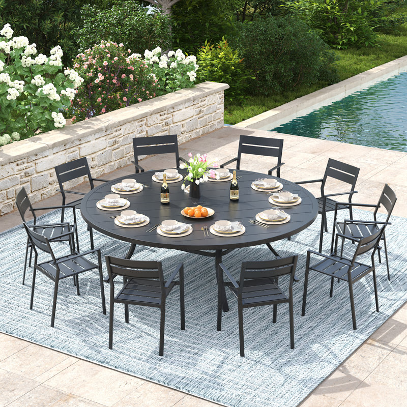 Sagamore 10-Person Patio Dining Set with 63" Round Dining Table and 10 Stackable Dining Chairs, Black