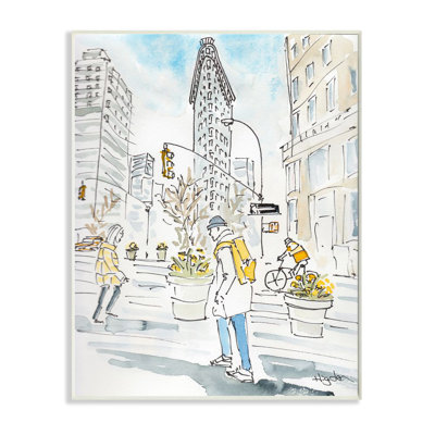 «City People Walking Urban Architecture Watercolor» par Mark Higden - impression d'art graphique