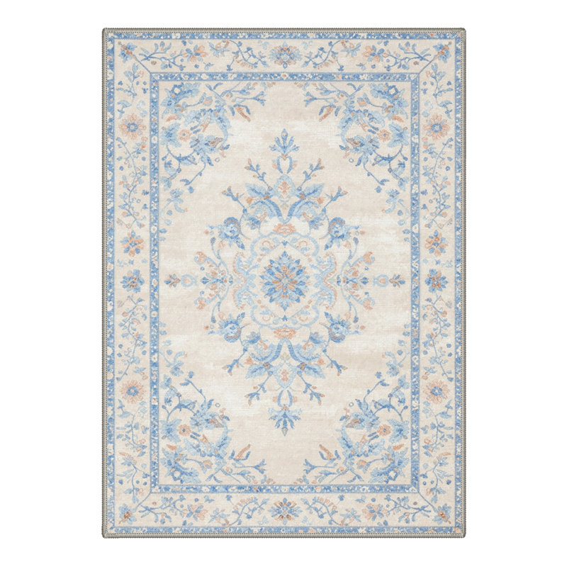 Vintage Floral Machine Washable Blue /Beige Indoor Area Rug With Non-Slip Backing, Rectangle 8' x 10'
