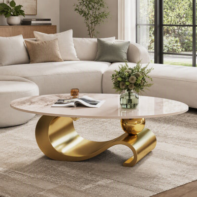 Table basse ovale en faux marbre de 125 cm, piètement contemporain en acier inoxydable, table centrale moderne pour salon