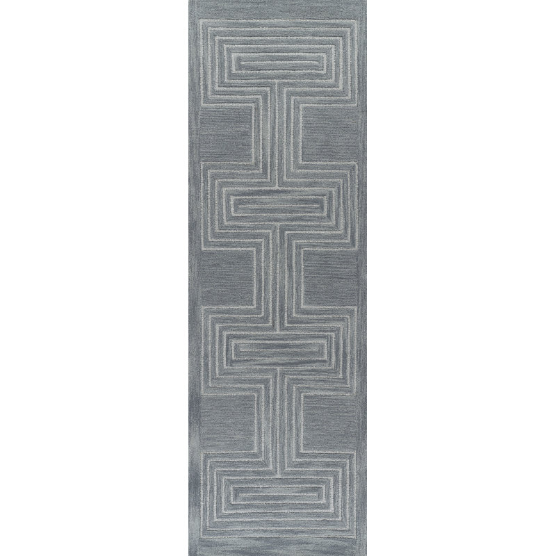 Orlie Hand Tufted Wool Geometric Area Rug in Brown, Runner 2'6" x 8', Blue