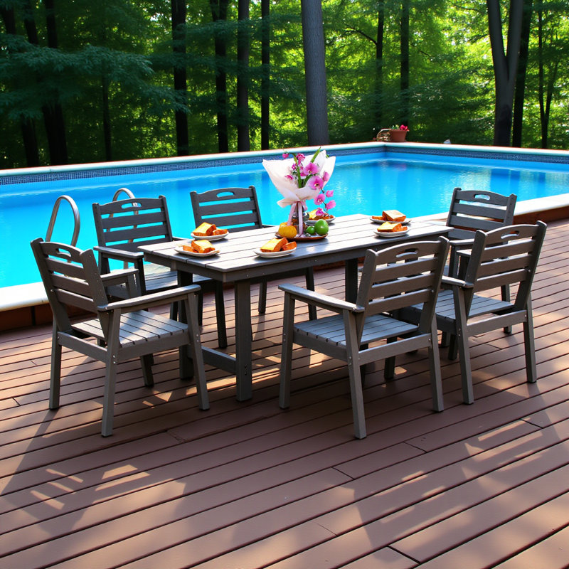 Hdpe Outdoor Patio Dining Set, One Table And Six Chairs. The Outdoor Dining Furniture Has Sunshade Holes And Is Suitable. It Is Suitable For Lawns, Gardens, Backyards, And Pool Sides.grey,waterproof