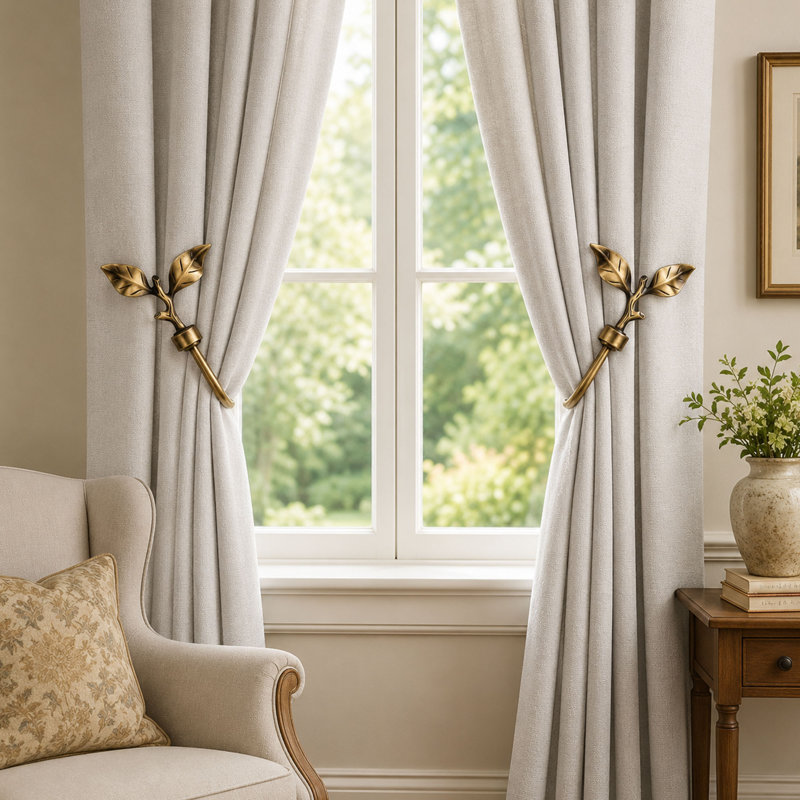 Bronze Leaf-Shaped Metal Curtain Holdbacks, 1 Pair
