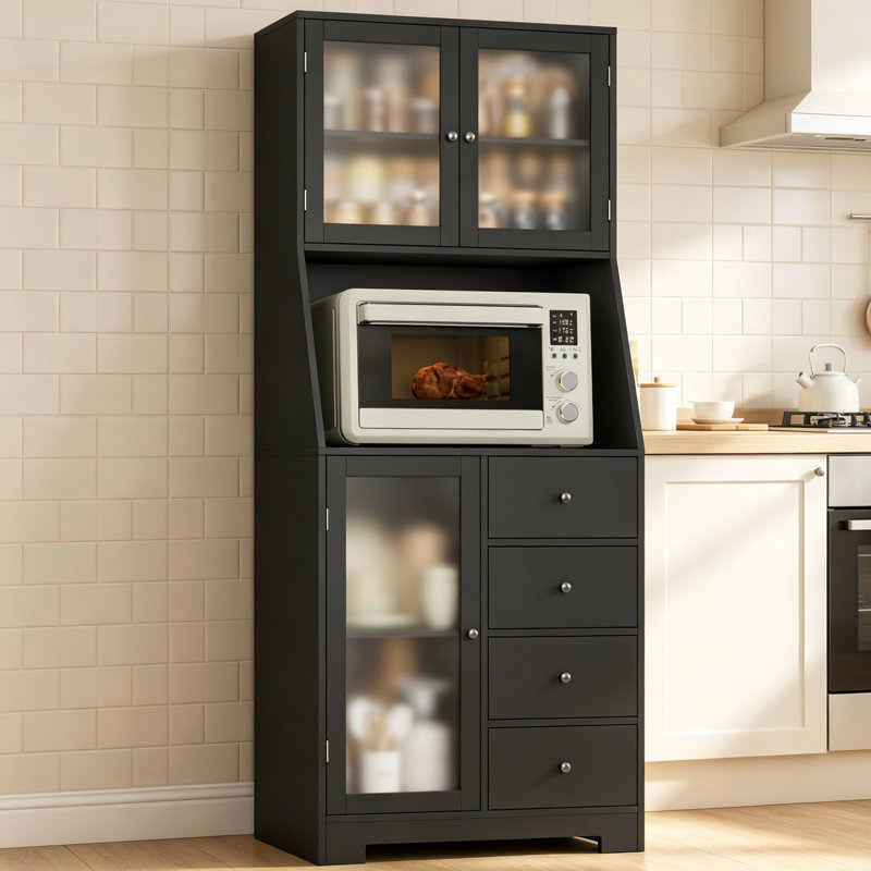 Black Tall Kitchen Larder Cupboard 163H x 60W x 40D cm | Microwave Stand, Freestanding Wooden Pantry Cabinet for Kitchen, Dining & Living Room