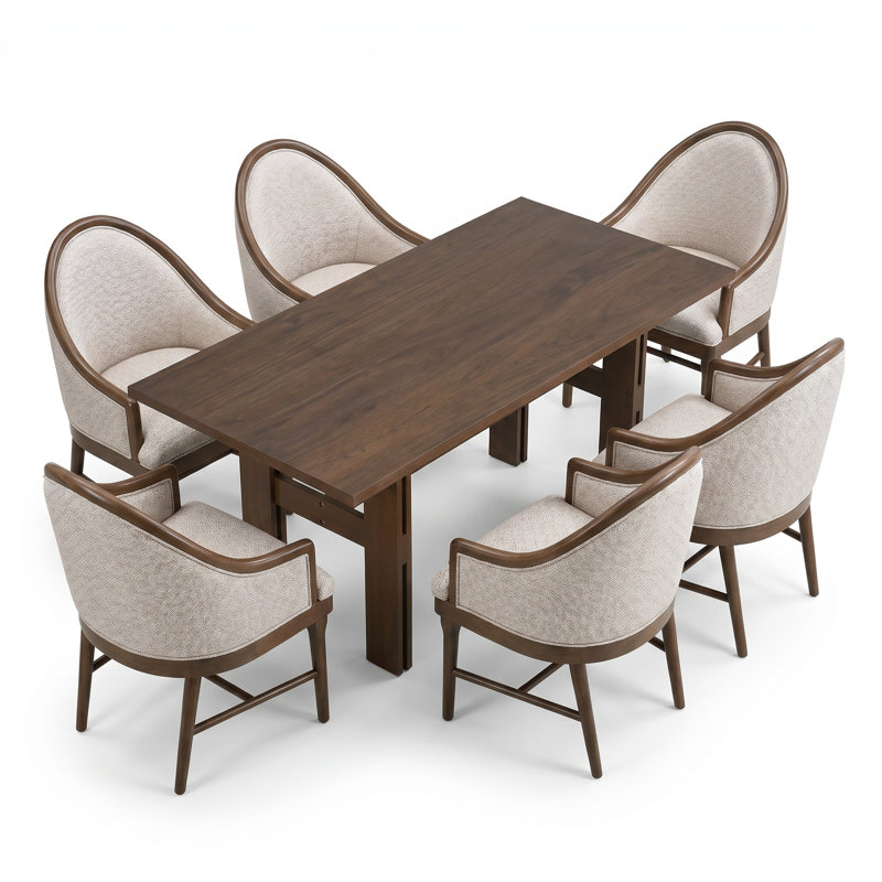 Ensemble de salle à manger moderne en bois Mid-Century pour 6 personnes avec table de salle à manger rectangulaire et fauteuils rembourrés Reuben