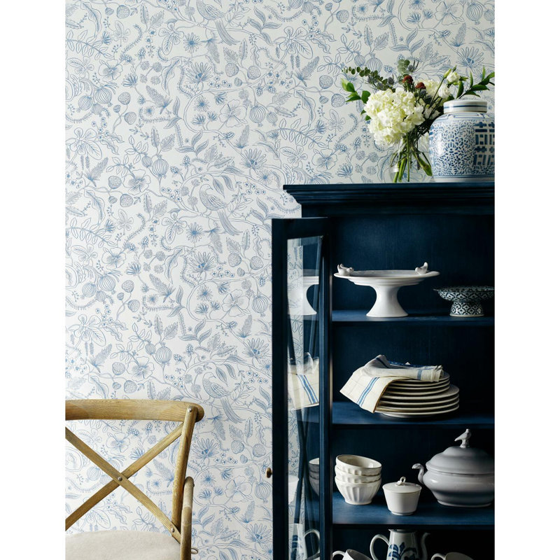 Aviary 20' L x 27" W Peel and Stick Wallpaper Roll, Blue/Cream