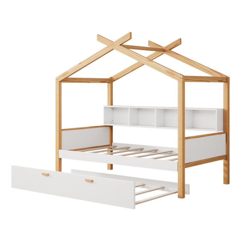 Lit simple blanc en bois avec structure en bois originale, lit gigogne simple et bibliothèque pour enfants ou chambre d'amis