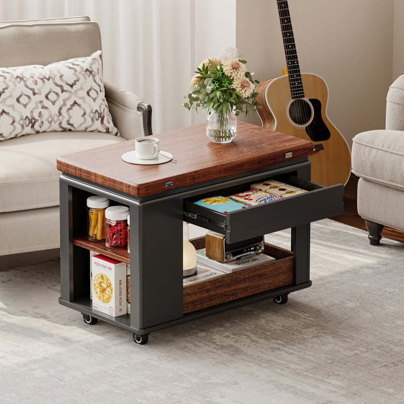 Table basse / table d'appoint moderne avec plateau pliable et roulettes, rangement multi-niveaux, Noir