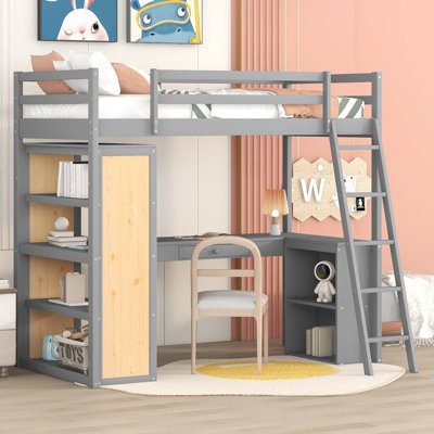 Lit mezzanine avec bureau en L et bibliothèque de rangement