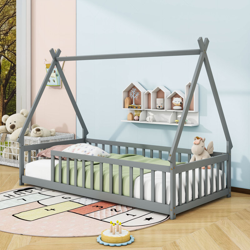 Twin Wood Tent-Shaped Teepee Bed With Guardrails, Gray