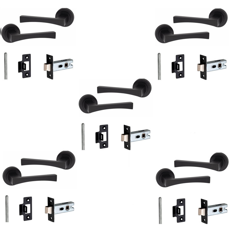 5 Pairs Wave Design Door Handles Latch on Round Rose in Matt Black Finish - 52mm Diameter, Latch
