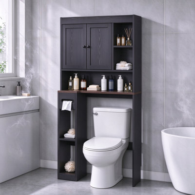 Over The Toilet Storage Cabinet with Doors, Freestanding, Adjustable Shelves, Anti-Tilt, Side Rack & Tissue Holder