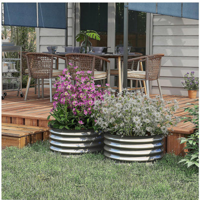 Ensemble de 2 jardinières surélevées galvanisées Outsunny, jardinières pour plantes d'extérieur avec bordure de sécurité, réservoirs faciles à assembler pour faire pousser des fleurs, des herbes et des légumes, argent