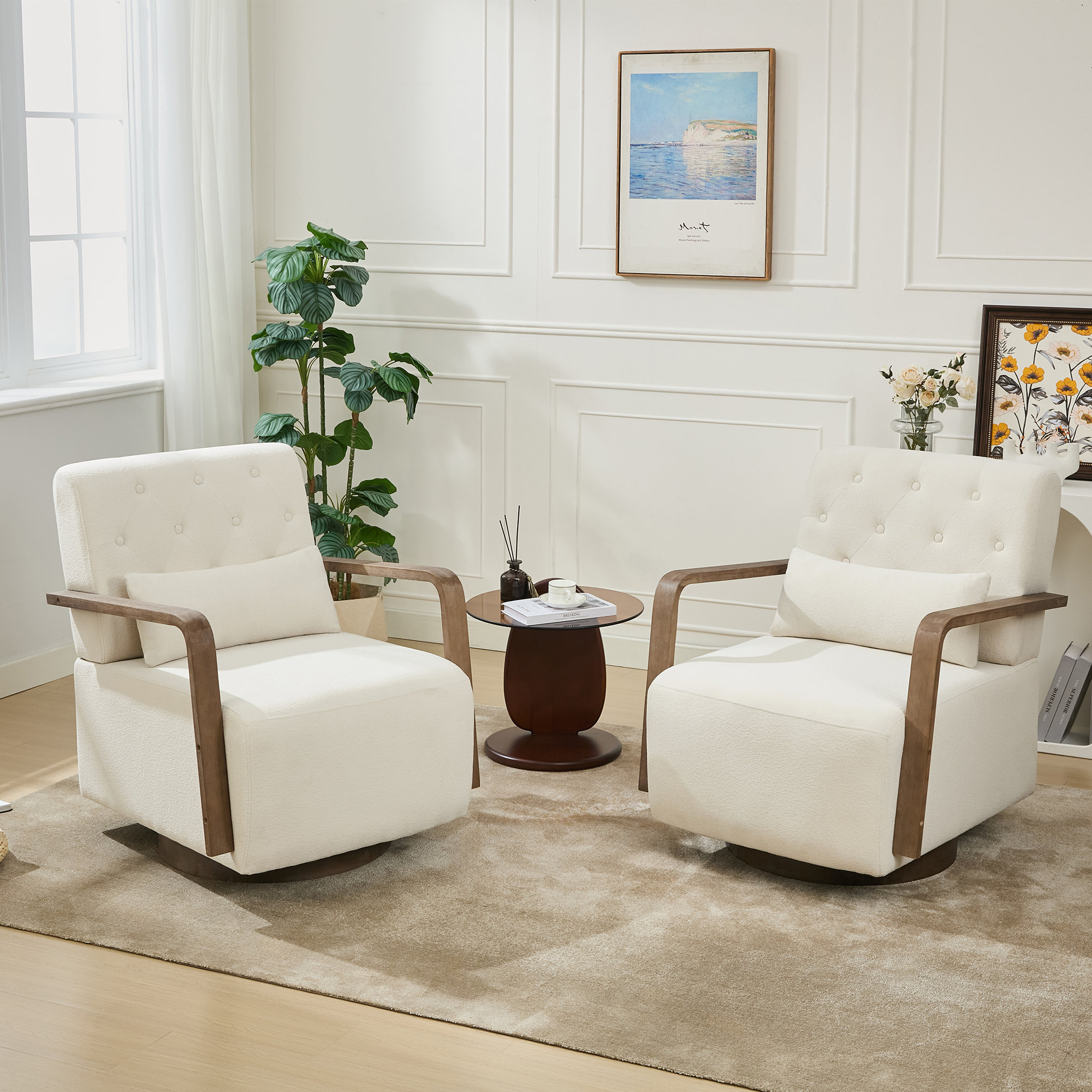 Ebern Designs Solid Wood Upholstered Swivel Armchair (Set Of 2 ...