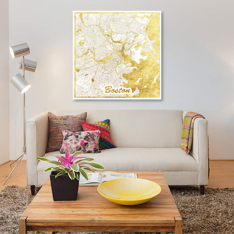 «Boston Gold Leaf Urban Blueprint Map», impression sur toile, H 48 po x l 48 po x P 1,5 po, Toile tendue, Pas de tapis