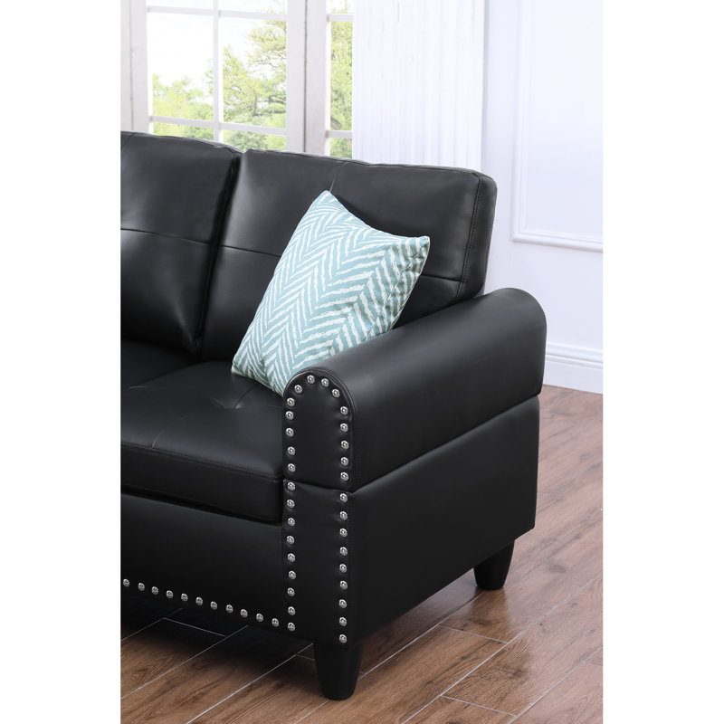 Canapé modulaire abordable en similicuir noir avec rangement et porte-gobelets abordable, facile à assembler pour les petits espaces
