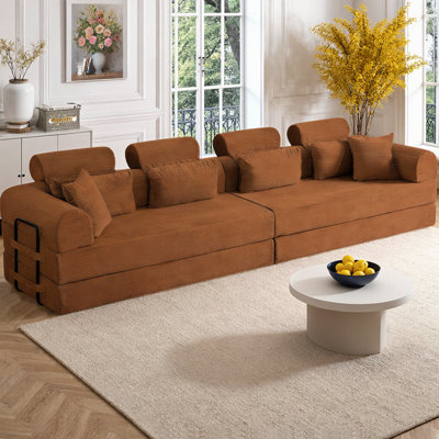 L-Shape Modular Sectional Sofa Bed with Neck Pillow Design, Compressed Corduroy Couch Convertible Bed, Modern Minimalist Space-Efficient Design, For Living Room & Bedroom