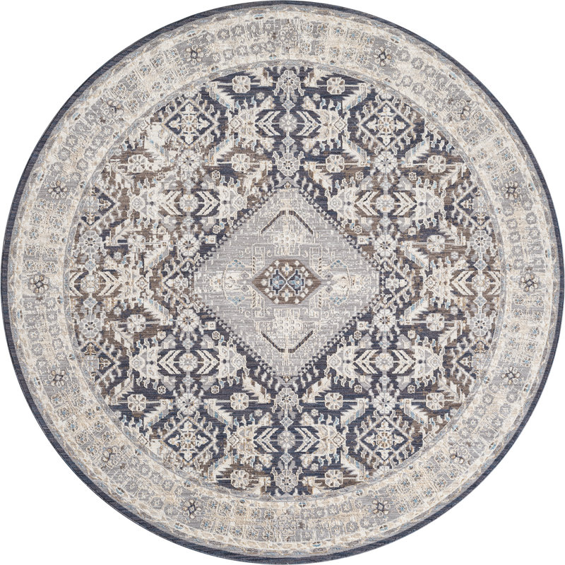 Hult Austro - Tapis médaillon brun vieilli avec motifs traditionnels, Rond 7 pi 11 po