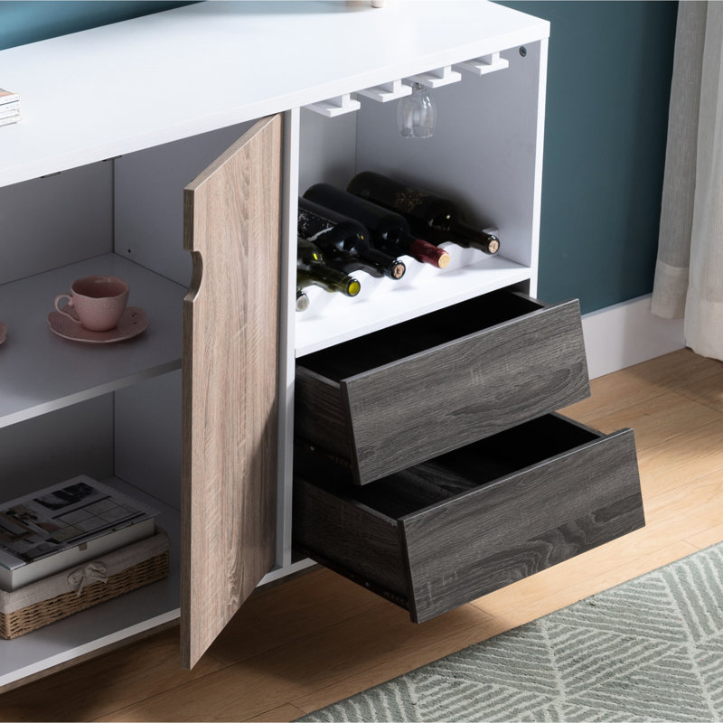 Vitrine en bois avec tiroir, pouvant accueillir 6 bouteilles de vin et verres, support de tiroir gris tacheté blanc et taupe foncé, support, design