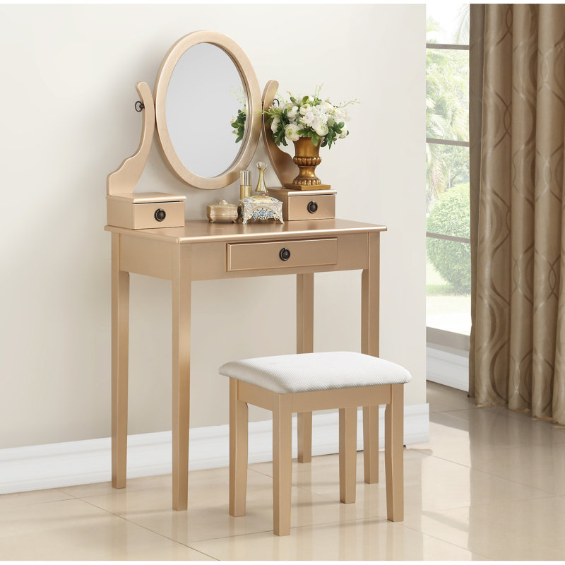 Table de coiffeuse délicieuse en or avec tabouret, 3 tiroirs de rangement, miroir, Doré