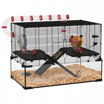 Très grande cage à hamster de 31 po avec tunnel tubulaire, cage pour petits animaux pour hamster nain, rat, cage à gerbille avec fond en verre profond, bouteille d'eau, plat de nourriture, roue d'exercice, rampes