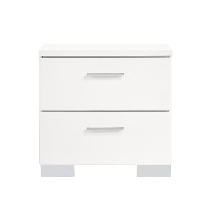 Table de chevet blanche brillante 2 pour la chambre à coucher - Rangement spacieux avec doublure en feutre, glissières en métal stables, surface d'accessoires tendance à l'intérieur des tiroirs doublés de feutre Smooth Essential