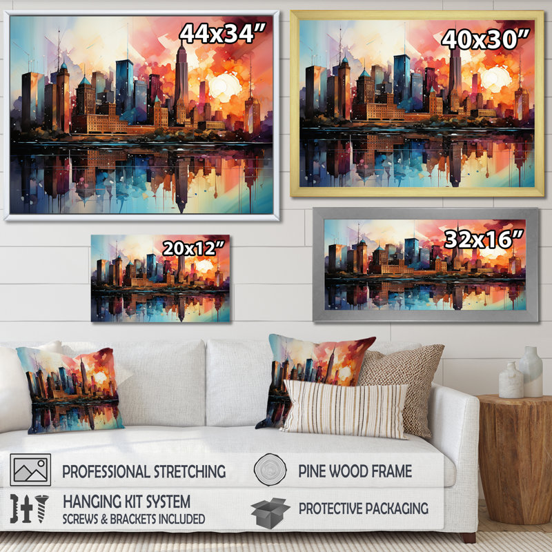 Skyscrapers Sunrise City, reproduction d'art sur toile, Toile tendue, H 34 po x l 44 po