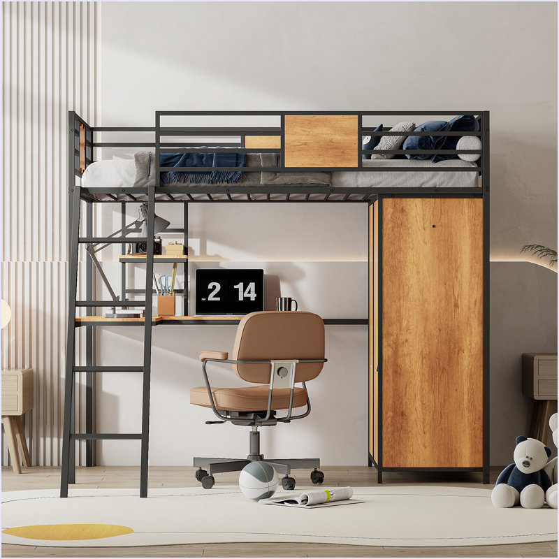 Lit mezzanine Win avec bureau en L et garde-robe, Noir, noir, noir, noir