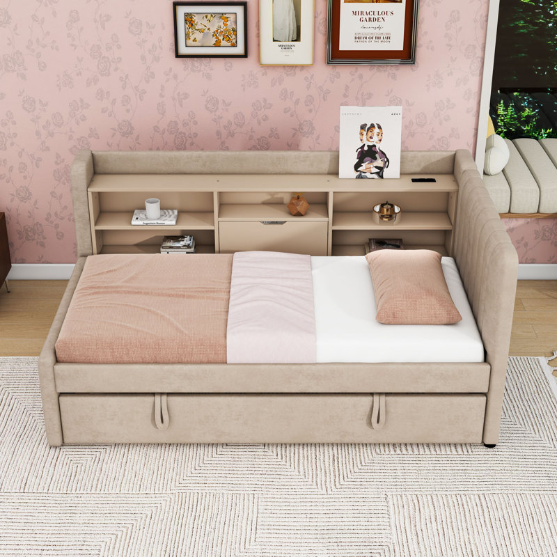Lit de jour simple rembourré avec lit gigogne, tablettes de rangement et station de charge, Beige