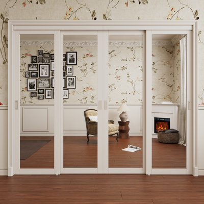 144" x 80" 4 Panels Height King Size Full Body Mirrored Sliding Closet Doors With Hardware Kit & Handles For Room divider