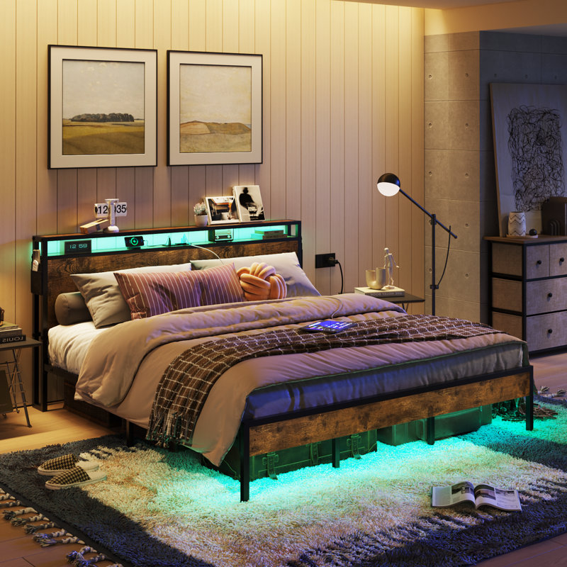 King Size Rustic Metal Platform Bed with LED Storage Headboard