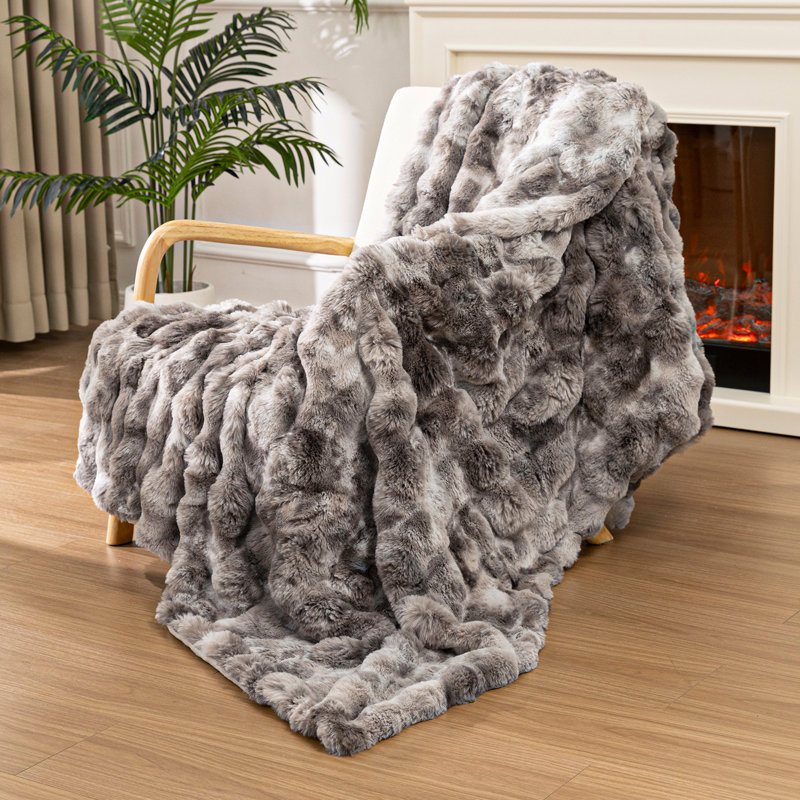Jeté en fausse fourrure chaude et luxueuse, couverture réversible pour canapé, salon, chambre à coucher, Blanc / Gris