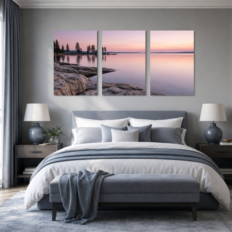Ensemble de 3 tableaux sur toile représentant un coucher de soleil sur le lac, parfaits pour la décoration du salon, de la chambre ou de la maison.