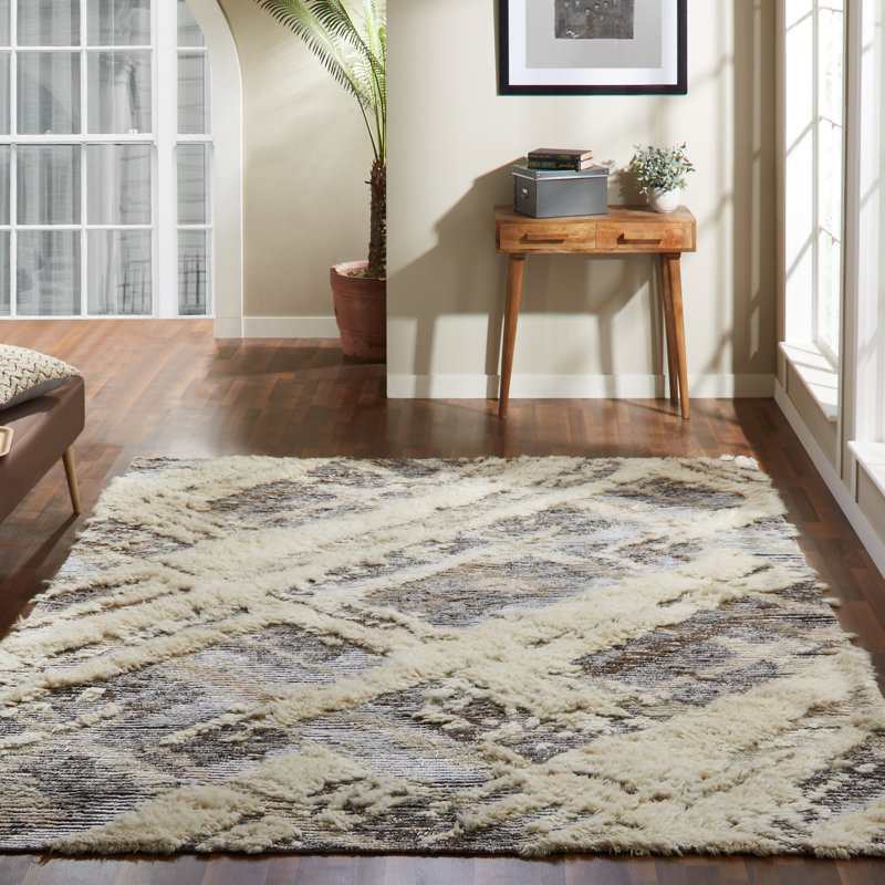 Tapis ivoire en laine noué à la main Zumwalt Abstact, Rectangle 5 pi 6 po x 8 pi 6 po