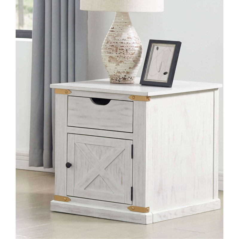 Blanc antique et doré, table de bout, rustique, conception de basse-cour, tiroir coulissant, rectangulaire, bois d'hévéa, table rustique moderne en métal 1pc blanc, avec tiroirs à glissière centrale