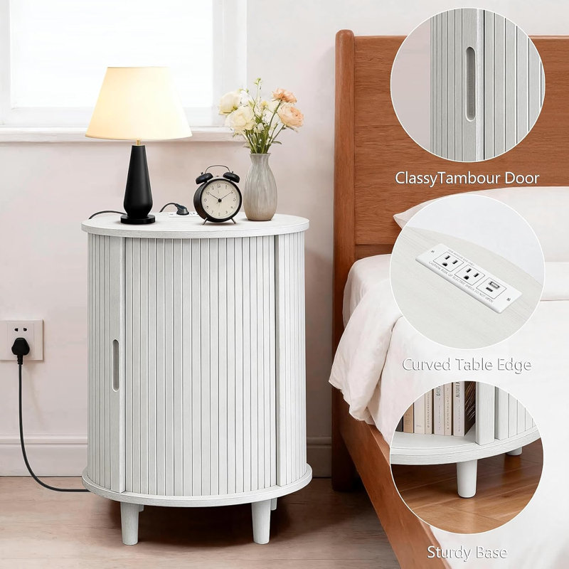 Table de bout cannelée ronde de 23,6 po avec station de charge et rangement pour porte coulissante, Greyish White, 1